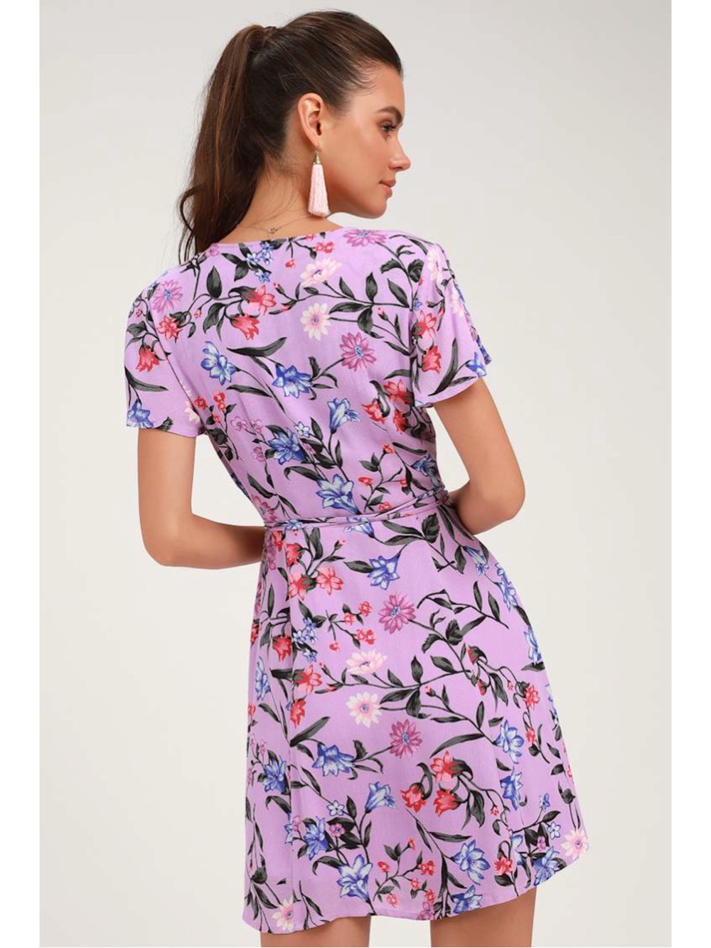 Sz S Lulus Harbor Point Lavender Floral Print Wrap Mini Dress EUC - Picture 8 of 8